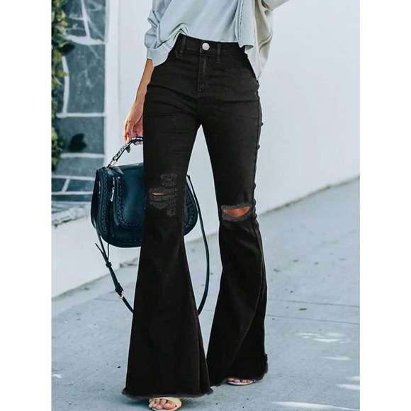 trendy Ripped distressed Raw Hem Flared Jeans black denim - Picture 1 of 5